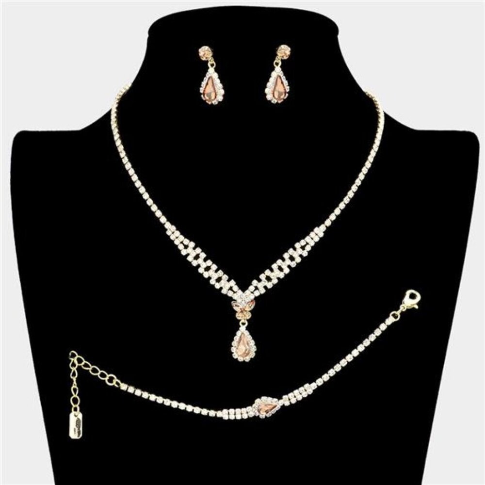 3 Piece Butterfly Accented Rhinestone Necklace Jewelry Set